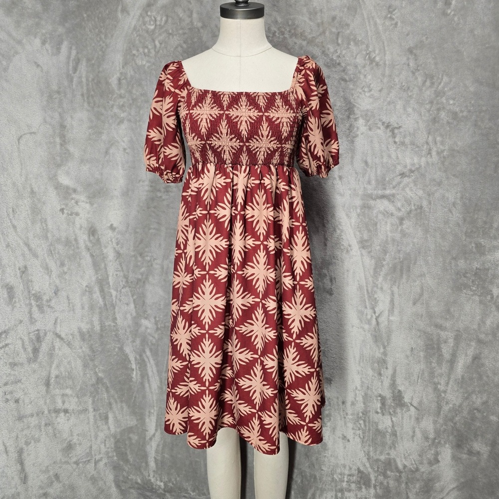 2BDESIRED Smocked Midi Dress Women XL Burgundy Tan Geometric Puff Sleeve Boho